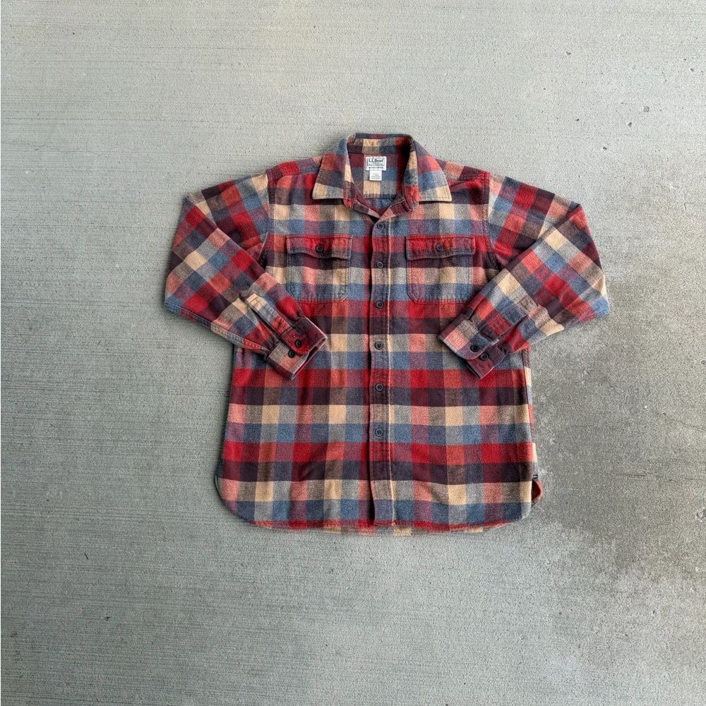 LL Bean Chamois Slightly Fitted Plaid Flannel Heavy Apple Cinnamon Mens Large
